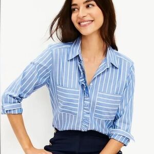 LOFT Blue and White Ruffle Button Down Shirt with Collar